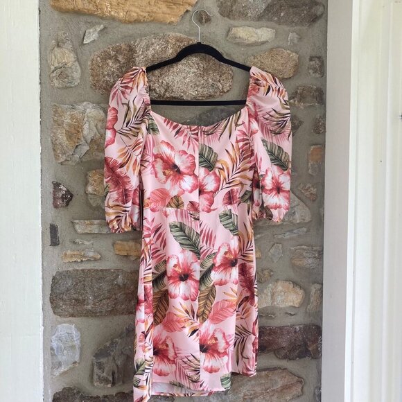 NWT LuLus ZALIKI PINK TROPICAL PRINT TIE-FRONT PUFF SLEEVE MINI DRESS Blush Smal - Picture 8 of 12